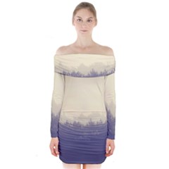 Cloudy Foggy Forest With Pine Trees Long Sleeve Off Shoulder Dress by genx