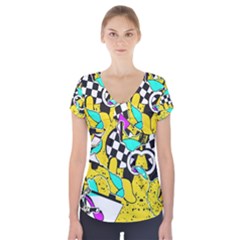 Shapes On A Yellow Background                                            Short Sleeve Front Detail Top by LalyLauraFLM