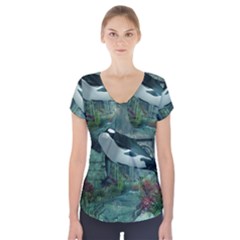 Wonderful Orca In Deep Underwater World Short Sleeve Front Detail Top by FantasyWorld7