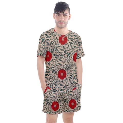 Papanese Floral Red Men s Mesh Tee And Shorts Set by snowwhitegirl
