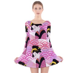 Japanese Abstract Pink Long Sleeve Velvet Skater Dress by snowwhitegirl