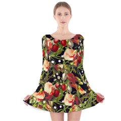 Fruit Blossom Black Long Sleeve Velvet Skater Dress by snowwhitegirl