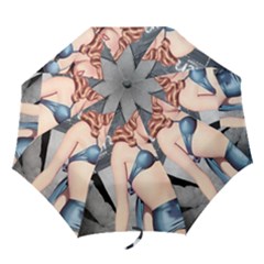 Retro Pin Up Girl Blue Folding Umbrellas by vintage2030