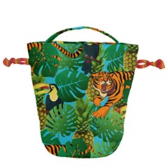 Tropical Pelican Tiger Jungle Blue Drawstring Bucket Bag by snowwhitegirl