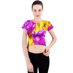Violet Tulip Flowers Crew Neck Crop Top by FunnyCow