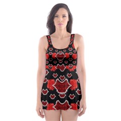 Red Lips And Roses Just For Love Skater Dress Swimsuit by pepitasart