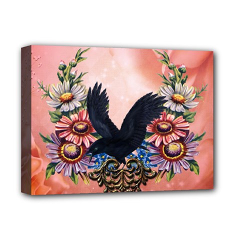 Wonderful Crow With Flowers On Red Vintage Dsign Deluxe Canvas 16  X 12  (stretched)  by FantasyWorld7