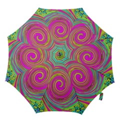 Groovy Abstract Pink, Turquoise And Yellow Swirl Hook Handle Umbrellas (small) by myrubiogarden