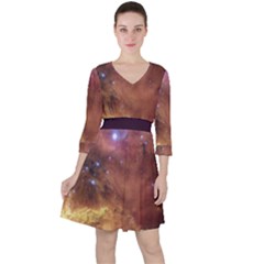 Cosmic Astronomy Sky With Stars Orange Brown And Yellow Quarter Sleeve Ruffle Waist Dress by genx