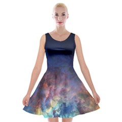 Lagoon Nebula Interstellar Cloud Pastel Pink, Turquoise And Yellow Stars Velvet Skater Dress by genx