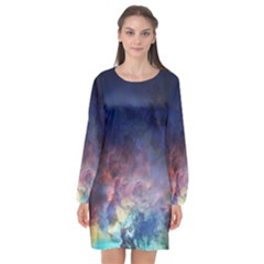 Lagoon Nebula Interstellar Cloud Pastel Pink, Turquoise And Yellow Stars Long Sleeve Chiffon Shift Dress  by genx