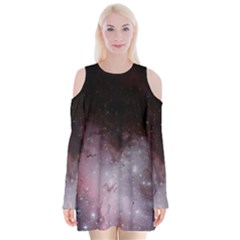 Eagle Nebula Wine Pink And Purple Pastel Stars Astronomy Velvet Long Sleeve Shoulder Cutout Dress by genx