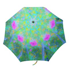 Pink Rose Of Sharon Impressionistic Blue Landscape Garden Folding Umbrellas by myrubiogarden