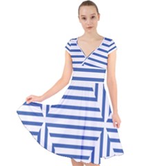 Geometric Shapes Stripes Blue Cap Sleeve Front Wrap Midi Dress by Mariart