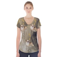 Cute Little Chihuahua With Hearts On The Moon Short Sleeve Front Detail Top by FantasyWorld7