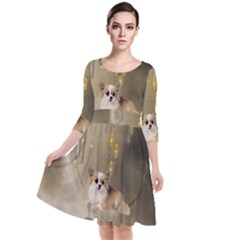 Cute Little Chihuahua With Hearts On The Moon Quarter Sleeve Waist Band Dress by FantasyWorld7