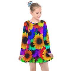 Sunflower Colorful Kids  Long Sleeve Dress by Mariart