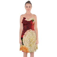 Vintage Carnation Flowers Ruffle Detail Chiffon Dress by snowwhitegirl