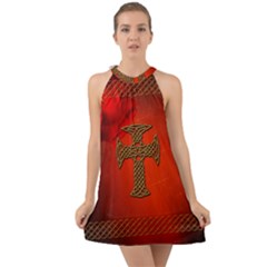Wonderful Celtic Cross On Vintage Background Halter Tie Back Chiffon Dress by FantasyWorld7