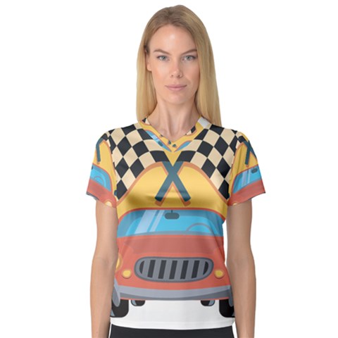 Automobile Car Checkered Drive V-neck Sport Mesh Tee by Sudhe