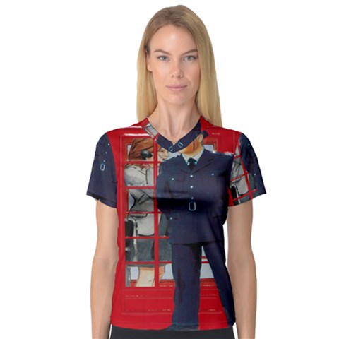 Red London Phone Boxes V-neck Sport Mesh Tee by Sudhe