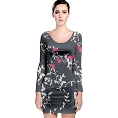 Black And White Floral Pattern Background Long Sleeve Bodycon Dress by Sudhe