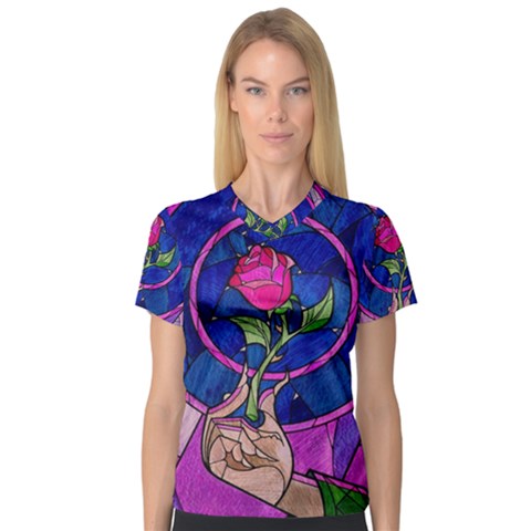 Enchanted Rose Stained Glass V-neck Sport Mesh Tee by Sudhe