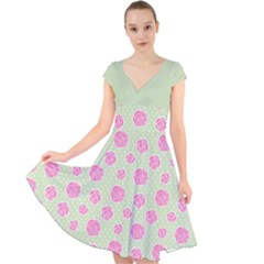 Roses Flowers Pink And Pastel Lime Green Pattern With Retro Dots Cap Sleeve Front Wrap Midi Dress by genx