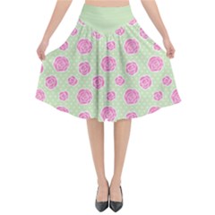 Roses Flowers Pink And Pastel Lime Green Pattern With Retro Dots Flared Midi Skirt by genx