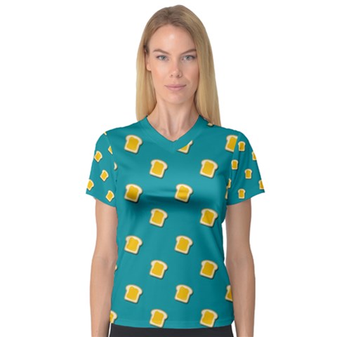 Toast With Cheese Pattern Turquoise Green Background Retro Funny Food V-neck Sport Mesh Tee by genx