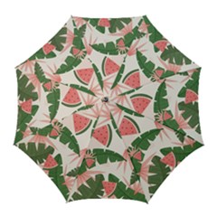 Tropical Watermelon Leaves Pink And Green Jungle Leaves Retro Hawaiian Style Golf Umbrellas by genx