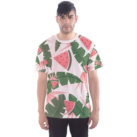 Tropical Watermelon Leaves Pink And Green Jungle Leaves Retro Hawaiian Style Men s Sports Mesh Tee by genx