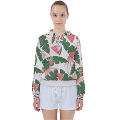 Tropical Watermelon Leaves Pink And Green Jungle Leaves Retro Hawaiian Style Women s Tie Up Sweat by genx