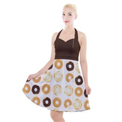 Donuts Pattern With Bites Bright Pastel Blue And Brown Cropped Sweatshirt Halter Party Swing Dress  by genx