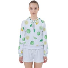 Lemon And Limes Yellow Green Watercolor Fruits With Citrus Leaves Pattern Women s Tie Up Sweat by genx