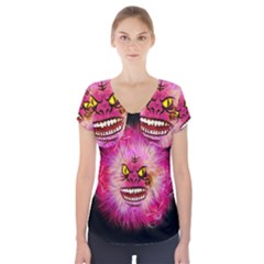 Monster Pink Eyes Aggressive Fangs Short Sleeve Front Detail Top by HermanTelo