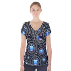 Abstract Glossy Blue Short Sleeve Front Detail Top by HermanTelo