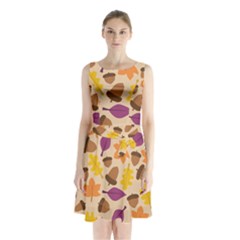 Acorn Leaves Pattern Sleeveless Waist Tie Chiffon Dress by HermanTelo