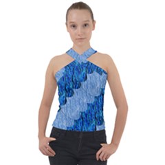 Texture Surface Blue Shapes Cross Neck Velour Top by HermanTelo