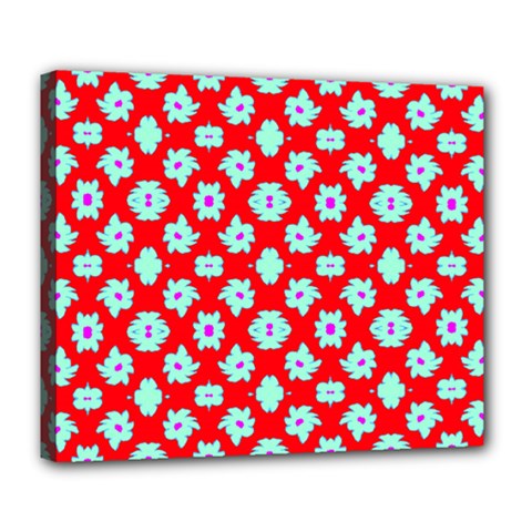 Modern Turquoise Flowers  On Red Deluxe Canvas 24  X 20  (stretched) by BrightVibesDesign