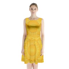Wave Lines Yellow Sleeveless Waist Tie Chiffon Dress by HermanTelo