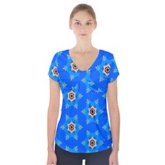 Pattern Backgrounds Blue Star Short Sleeve Front Detail Top by HermanTelo