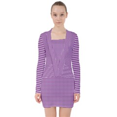 Gingham Plaid Fabric Pattern Purple V-neck Bodycon Long Sleeve Dress by HermanTelo
