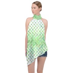 Green Pattern Curved Puzzle Halter Asymmetric Satin Top by HermanTelo