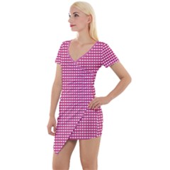 Gingham Plaid Fabric Pattern Pink Short Sleeve Asymmetric Mini Dress by HermanTelo
