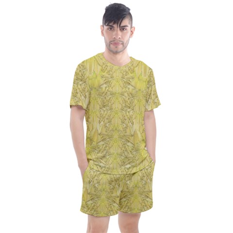 Flowers Decorative Ornate Color Yellow Men s Mesh Tee And Shorts Set by pepitasart