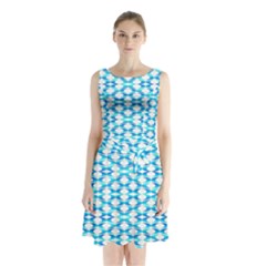 Fabric Geometric Aqua Crescents Sleeveless Waist Tie Chiffon Dress by Bajindul