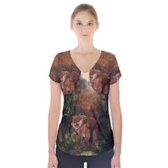 Awesome Wolf In The Darkness Of The Night Short Sleeve Front Detail Top by FantasyWorld7