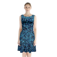Neon Abstract Surface Texture Blue Sleeveless Waist Tie Chiffon Dress by HermanTelo