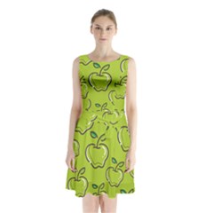Fruit Apple Green Sleeveless Waist Tie Chiffon Dress by HermanTelo